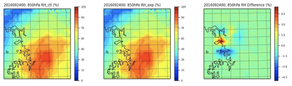 850hPa 습도 분석장 비교 : 실험 A(ctl), 실험 B(exp), 실험 B – 실험 A