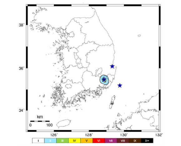 지진 위치도(진도 및 위치 표시)