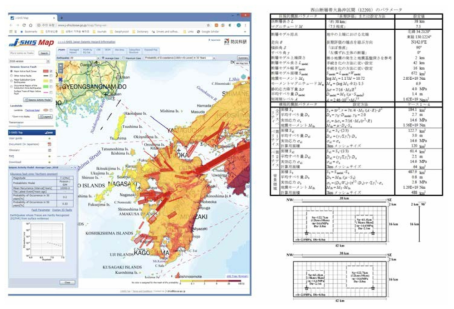 J-SHIS 웹페이지, http://www.j-shis.bosai.go.jp/map/를 보여준다. 왼쪽 그림에서 표기된 단층들 중 하나를 클릭하면 오른쪽 그림과 같은 내용이 담긴 pdf 파일을 볼 수 있다. pdf 파일에는 단층정보와 발생 가능한 시나리오가 포함된 지진 원 모델 정보 등을 볼 수 있다