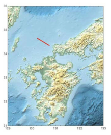 각 단층에서 레시피 모델을 어떻게 적용했는지 구체적으로 살펴보기 위해 사용할 단층 : Kikugawa fault zone의 북쪽 부분에 해당하는 단층이다. 단층 ID는 F018101 이며, 길이는 약 53 km 이다. 레시피 모델에서는 단층 길이를 56 km 로 가정하고 (이를 Lmodel이라 부른다.) 지진 원 변수들을 구한다