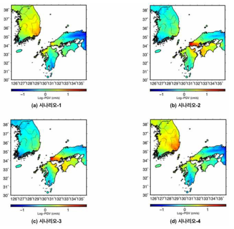 Kikugawa fault zone의 북쪽 부분 단층 (F018101, 그림 39)의 가능한 각 시나리오에 대해 시뮬레이션 한 계산 결과를 보여준다. 각 시나리오는 표 3-(c) 에 나타난 시나리오에 해당된다