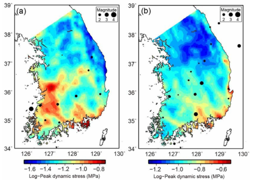 (a) 2005년 후쿠오카 지진 시뮬레이션의 PDS(Peak Dynamic Stress) 계산 결과 및 지진 발생 이후 한 달 간 발생한 한반도 인근 지진 위치. (b) 2016년 구마모토 지진 시뮬레이션의 PDS 계산 결과 및 지진 발생 이후 한 달 간 발생한 한반도 인근 지진 위치