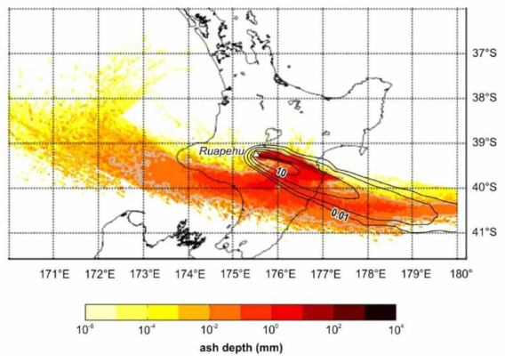 2016년 8월 26일 뉴질랜드 Ruapehu 화산의 분화의 화산재 확산예보 자료. 분연주 높이 12.5km와 총 부피 0.1km3이 고려되었다