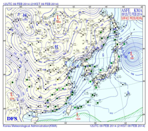 한반도 인근의 2014년 2월 9일의 기상자료