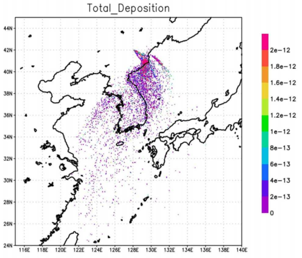 동해안의 강설이 있는 경우 백두산 화산재 유입 모델(분연주 높이 1,500m)