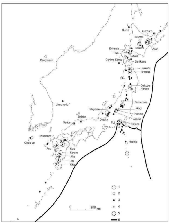한반도 및 일본의 신생대 제 4기 테프라 발생과 관련된 화산체의 위치들 (Machida, 2002)