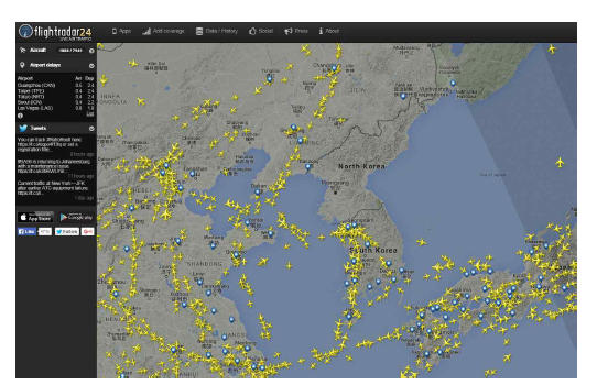 Flightradar24 社 의 Air Traffic 서비스 화면