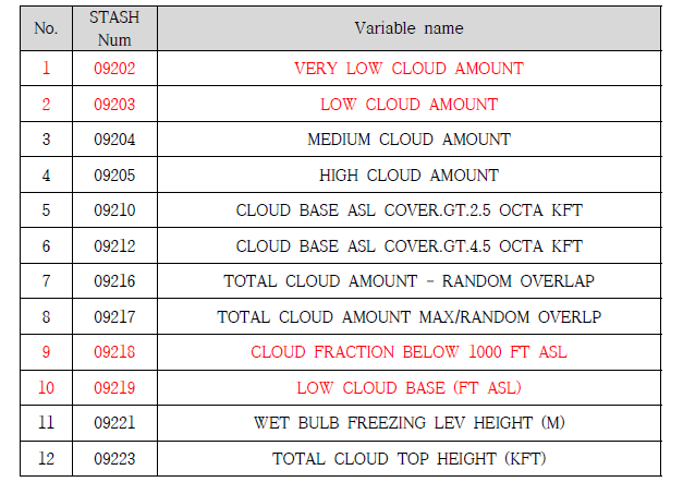 현업 국지예보모델에서 산출되는 구름 관련 변수 목록