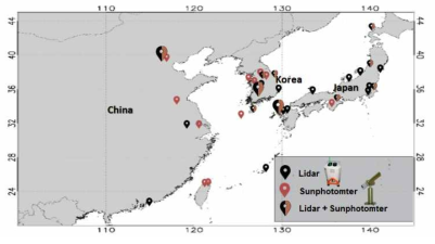 동북아시아 지역 선포토미터 및 라이다 관측망
