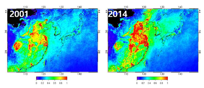 MODIS 위성 관측 동북아시아 지역 에어로솔 두께 증가 추이 비교 (좌; 2001년 평균 에어로솔 광학적 두께 분포, 우; 2014년 평균 에어로솔 광학적 두께 분포)