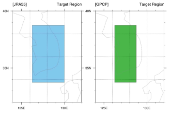 JRA55 재분석 자료와 GPCP 자료의 한반도 지역 범위 설정. GPCP 자료의 경우 해상도의 간격이 넓기 때문에 한반도 범위를 설정하는 데 있어서 강수가 과대모의가 되지 않게 한반도 내부 지역으로 그리드 설정을 요함
