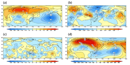 혹한사례 1에 대한 아노말리 패턴. (a)는 해면기압, (b)는 500 hPa MCI, (c)는 300 hPa 온도이류, 그리고 (d)는 300 hPa 지위고도