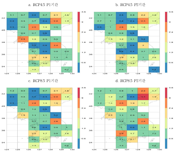 20년 귀환수준에 대한 지점별 불확실성비 RCP4.5 P1기간(a), RCP4.5 P2기간(b), RCP8.5 P1기간(c), RCP8.5 P2기간(d)