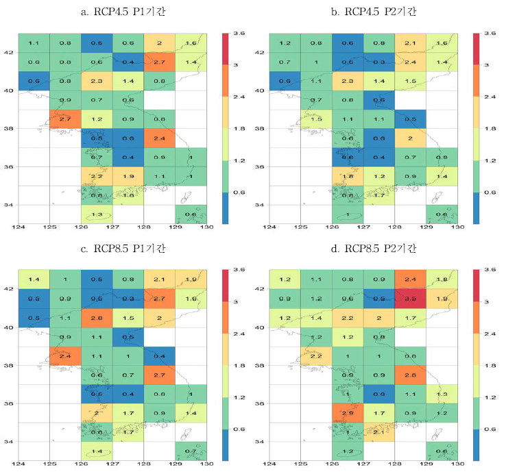 50년 귀환수준에 대한 지점별 불확실성비 RCP4.5 P1기간(a), RCP4.5 P2기간(b), RCP8.5 P1기간(c), RCP8.5 P2기간(d)