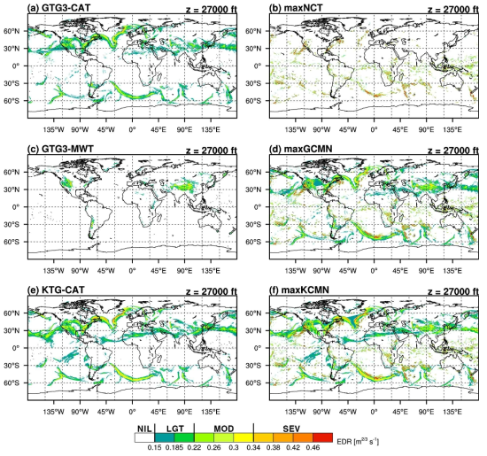 Example G-KTG outputs [(a) GTG3-CAT, (b) maxNCT, (c) GTG3-MWT, (d) maxGCMN, (e) KTG-CAT, and (f) maxKCMN] valid at 1800 UTC on 13 February 2019 at 27,000 ft, which is based on UM-10km 12-h forecasts