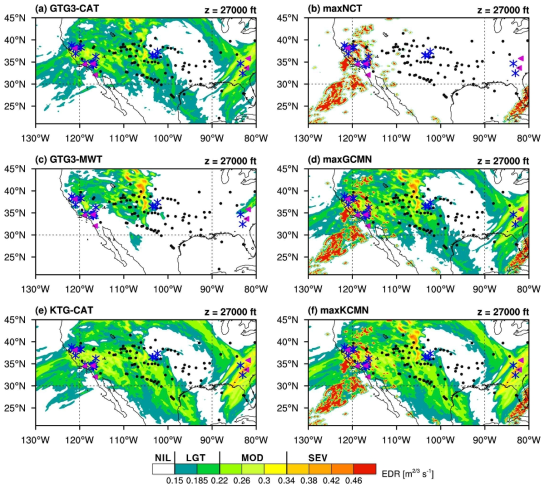 The same as Fig. 2.3.35, except for focusing on the United States region with NIL and MOG turbulence events observed from the in-situ flight EDR data. Black dot, blue asterisk, and pink triangle represent NIL-, moderate-, and severe-level turbulence observed within 1 h around at 1800 UTC on 13 February 2019, respectively