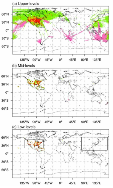 Horizontal distribution of the observed turbulence events over global region at the (a) upper-, (b) mid-, and (c) low-levels for 12 months (2018.09–2019.08). NIL-, moderate-, and severe-level turbulence observed from the in-situ flight EDR (AMDAR-EDR) data are depicted as green (pink), orange (purple), and red (blue) dots, respectively. Black boxes in (c) represent the East Asia and the United States regions considered in the G-KTG validation for the area, which will be shown in Fig. 2.3.42