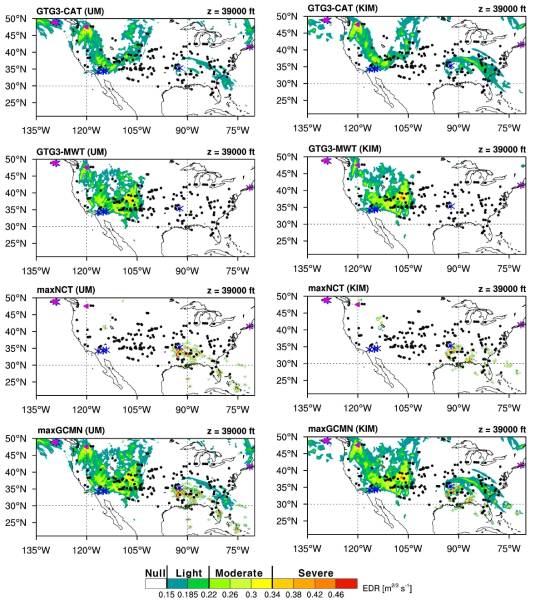 The same as Fig. 2.3.44, except for focusing on the United States region with NIL and MOG turbulence events observed from the in-situ flight EDR data. Black dot, blue asterisk, and pink triangle represent NIL-, moderate-, and severe-level turbulence events observed within 1 h around at 1800 UTC on 10 May 2020, respectively