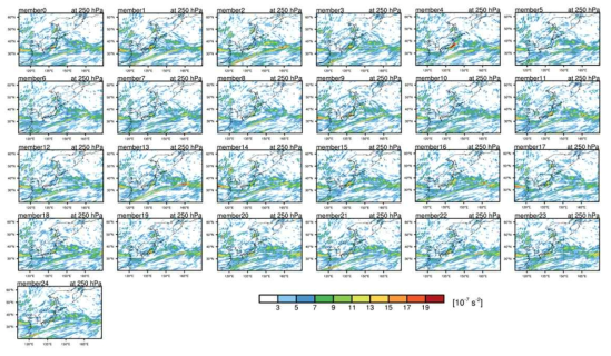 EKI 30-h forecasts at 250 hPa over East Asia region derived from 25 EPSG ensemble member fields valid at 1800 UTC on 16 December 2018