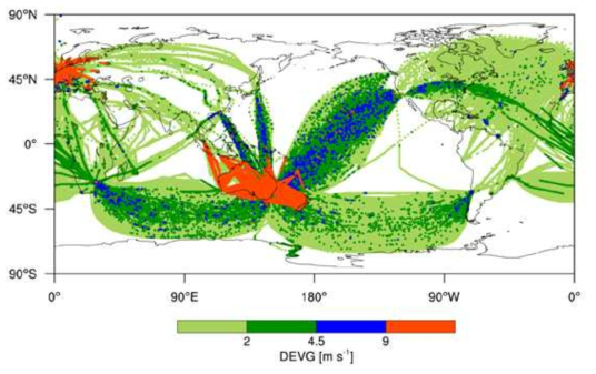 Locations of the turbulence encounters defined by the raw DEVG at altidues above 15 kft for three years (from October 2015 to September 2018)