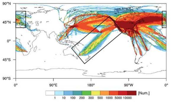 Global distribution of the number of USEDR data at altitudes above 15 kft accumulated within a 1°×1° horizontal grid box for three years (from October 2015 to September 2018). The regions covering Europe and trans-Pacific Ocean routes are indicated by rectangles