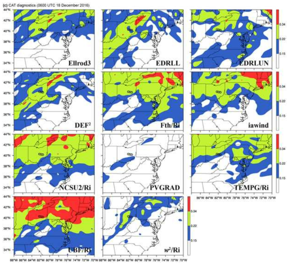 (a) NEXRAD radar weather reflectivity at 0620 UTC 18 December 2016, turbulence forecast by (b) the two NCT diagnostics and (c) the eleven CAT diagnostics at 0600 UTC 18 December 2016. The horizontal locations of moderate turbulence reports are indicated by circles (Continued)