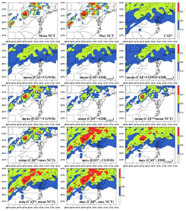 Snapshots of the mean NCT, max NCT, CAT*, and eleven combinations sat 0600 UTC 18 December 2016. The horizontal locations of MOD-level turbulence reports are indicated by circles