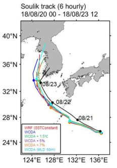 2018년 8월 20일부터 23일까지 태풍 솔릭의 이동 경로 비교