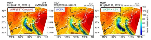 2018년 8월 21일 00시-23일 18시 기간 WRF, WCDA, WCDA + 1.5℃ 실험에서 모의된 최저 해면기압 분포