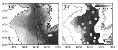 (왼쪽) 2011년 태풍 무이파의 경로. (오른쪽) 무이파 통과 전과 후의 표층수온의 차