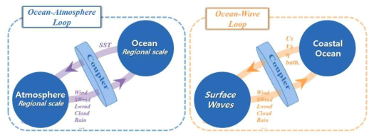 대기-해양결합 모형 및 해양-파랑 결합 모형의 모식도