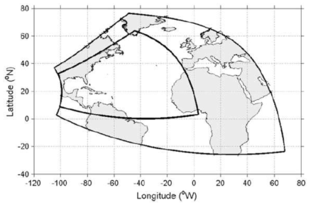 지역규모 HWRF-HYCOM 예측 시스템의 대서양 도메인과 태풍 예측을 위한 둥지 격자 도메인 (Kim et al., 2014)
