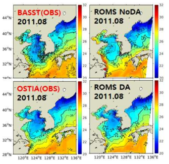 BASST(자료동화에 미포함)와 OSTIA(자료동화에 포함) 관측 SST와 자료동화 전·후의 모의된 수온 비교 (2011년 8월)