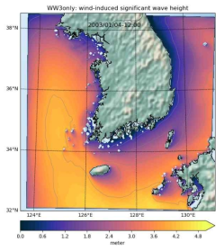 WAVEWATCH III 한반도 주변해역 고해상도 파랑모델로부터 모의된 2003년 1월 4일 12시 유의파고의 분포