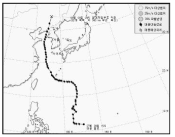 2011년 7월 28일부터 8월 9일까지 태풍 무이파의 이동경로(2011년 태풍분석 보고서, 기상청)