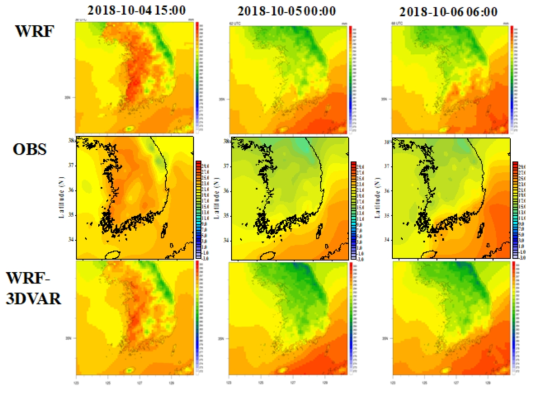 남한지역 태풍사례일의 기온에 대한 관측(OBS), 기본 WRF, 자료동화(WRF-3DVAR) 공간 분포