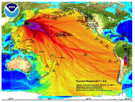 2011년 동일본 지진해일로부터 계산된 지진해일 최대진폭도에 추가된 지진해일 크기(총 지진해일 에너지) 생산정보