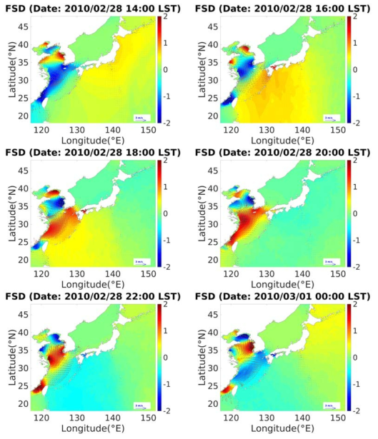 지역 조석-지진해일 모델(RST3)의 지진해일 수치모델링 결과 - 시간의 흐름에 따른 한반도 인근 지진해일 전파 양상(2010 칠레 지진해일)
