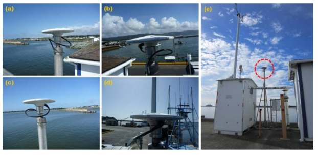 GNSS-R 수신기 (CACC in Crescent City, CA): (a) North view; (b) East view; (c) West view; (d) South view; (e) 조위관측소 (NOAA station ID: 9419750)