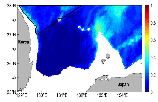 최대우도추정 결과 – 동해 (기준 해일고: 0.3m); (black) 지진해일 탐지 확률 재고 지역