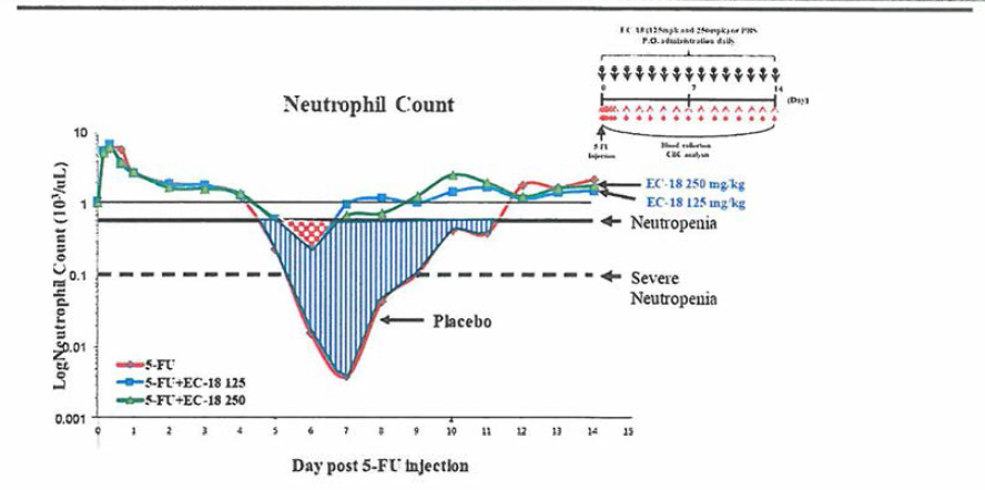 Semi-logarithmic ANC vs. time profile in 5-FU-induced neutropenic mice treated with daily treatment of PBS, or 125 mg/kg and 250 mg/kg EC-18