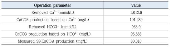 측정된 SS(CaCO3 생성량)와 칼슘 및 탄산염 제거량 기반 생성 예상량