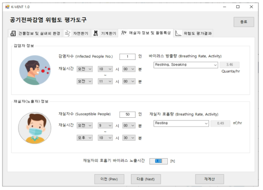 공기감염 위험도 평가프로그램 K-VENT(재실자 정보 및 활동특성 입력창)