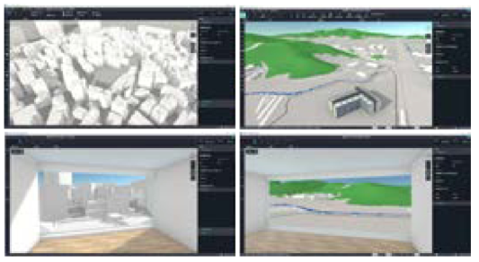 AI 기반 자동화 설계 결과물 편집 및 검토 화면 (좌상: 주변 건물 모델링, 우상: 주변 지형을 반영한 경관 검토, 좌하: 실내 자연채광 검토, 우하: 주변 경관 요소 검토)