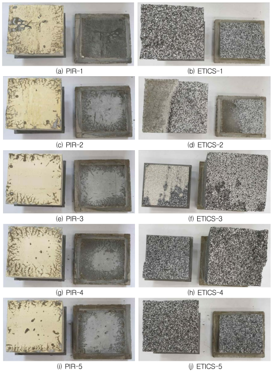 직접인발접착강도시험 종료 후 파괴형상 (좌: PIR, 우: ETICS)