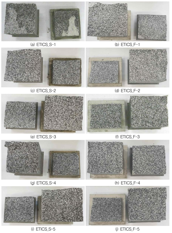 직접인발접착강도시험 종료 후 파괴형상 (좌: ETICS_S, 우: ETICS_F)