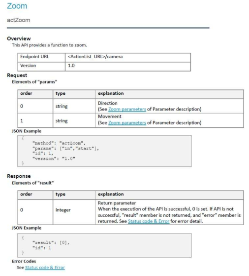 Sony 카메라 API 중 actZoom의 상세 내용