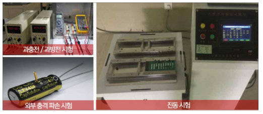 과충전/과방전, 외부 충격 파손, 진동 시험(자체시험 결과)