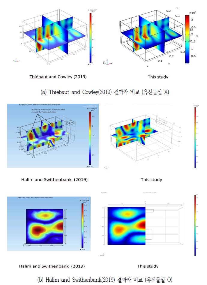 유전물질 유무에 따른 마이크로파 전계강도 분포 양상 비교