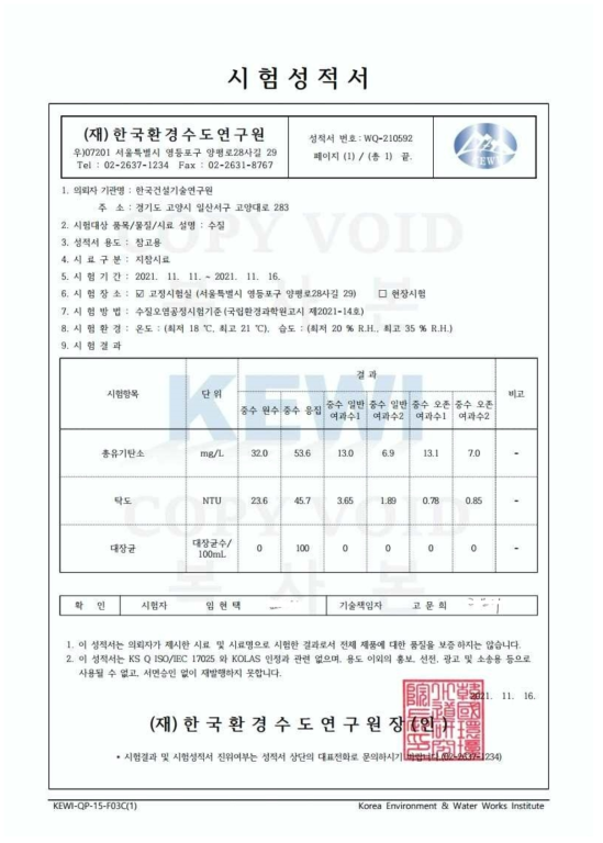 잡배수를 이용하여 고도산화 일체형 세라믹 분리막 공정 처리 전후 수질비교